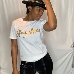 “staycation “gold foil slogan T-shirt